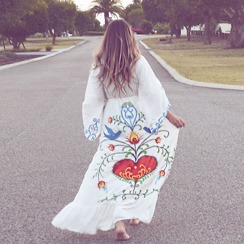 Embroidery Flowers Retro Tassel Dress