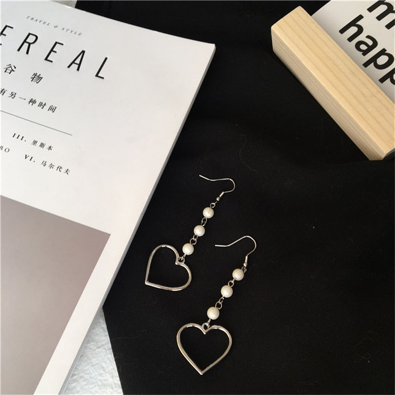 Metal Heart Pearl Dangle Earrings