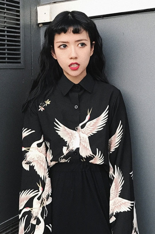 Crane Animal Print Black Blouses