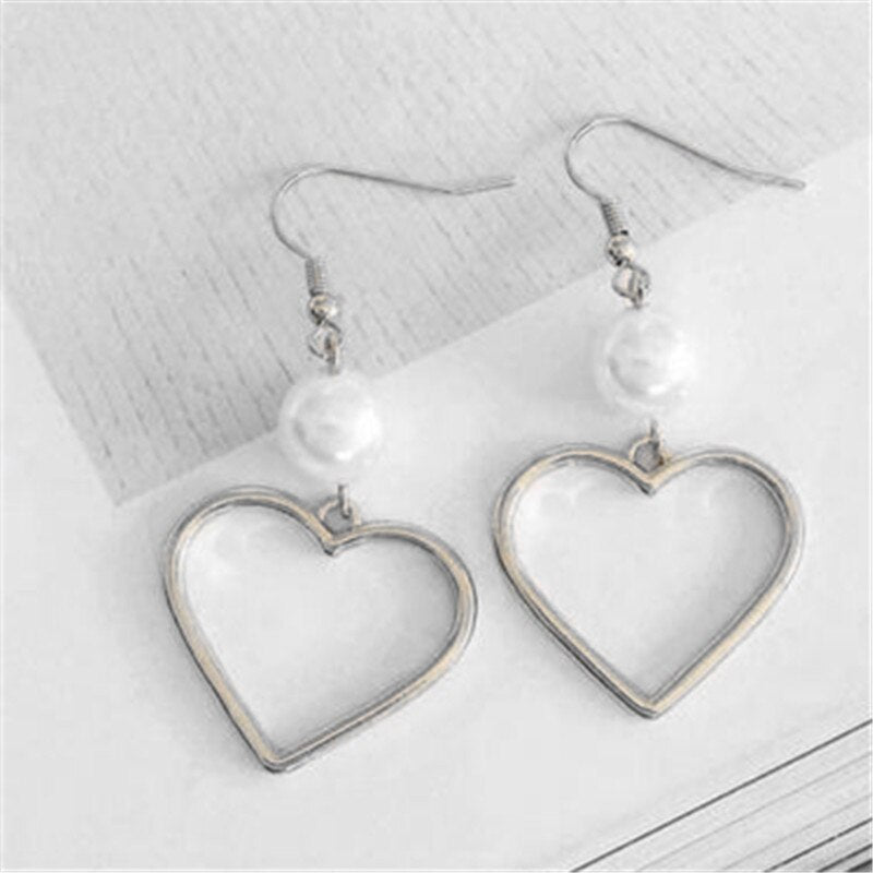 Metal Heart Pearl Dangle Earrings