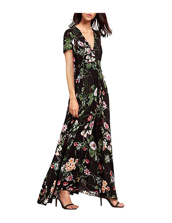 Bohemian Flower Print V-Neck Dress