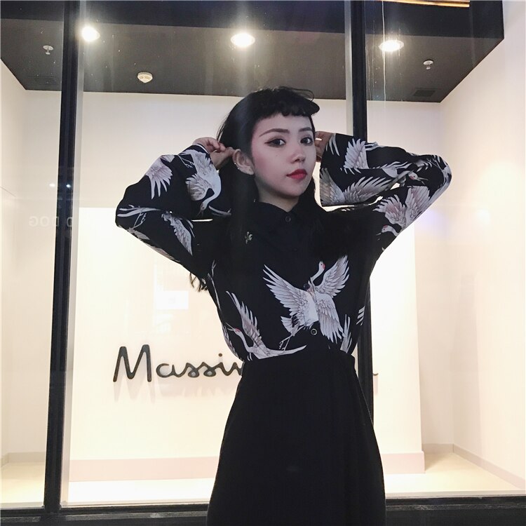 Crane Animal Print Black Blouses