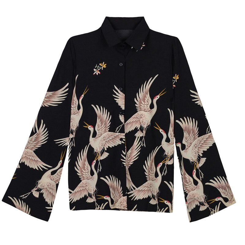 Crane Animal Print Black Blouses