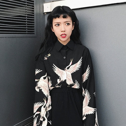 Crane Animal Print Black Blouses