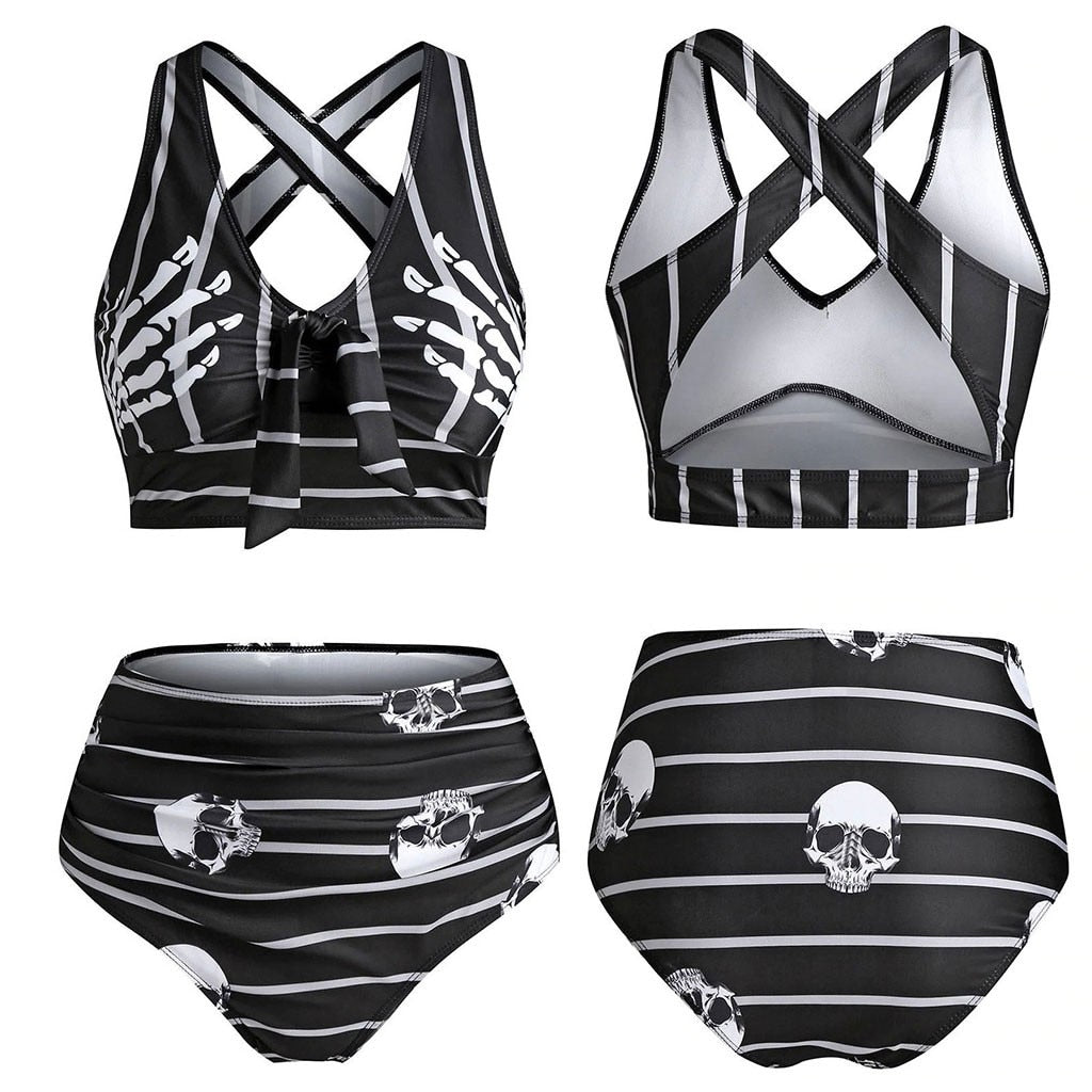 Hand Skeleton Skull Cross Strap High Waist Bikini