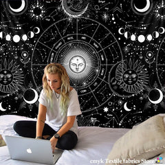 White Black Sun Moon Mandala Starry Sky Tapestry Wall