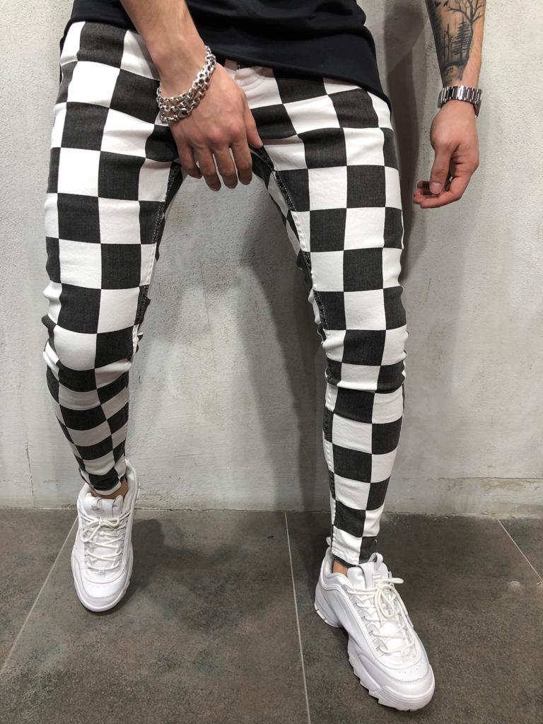 Chess Pattern Slim Black & White Pants