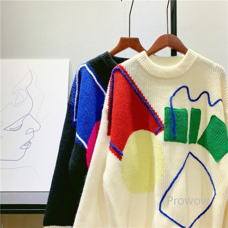 Irregular Geometric Contrast Color Knitted Oversize Sweater