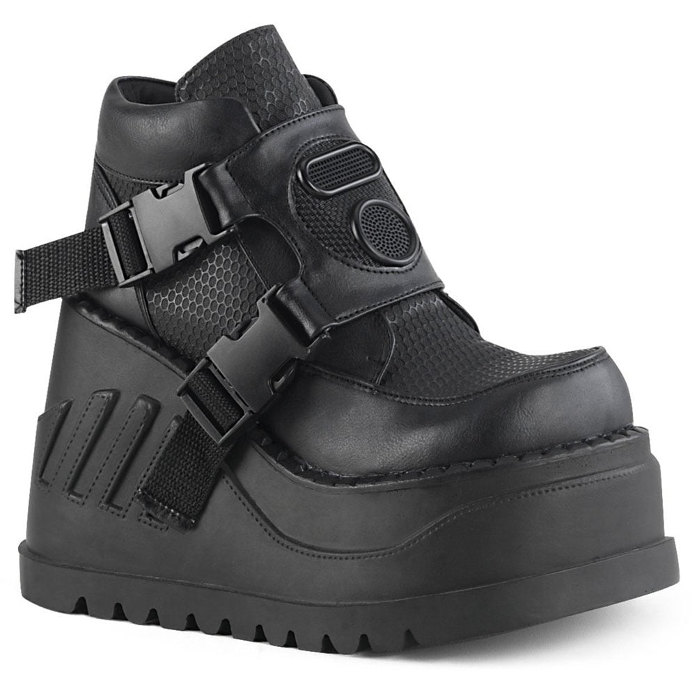 Black Buckle Wedges Motorcycle Ankle Boots