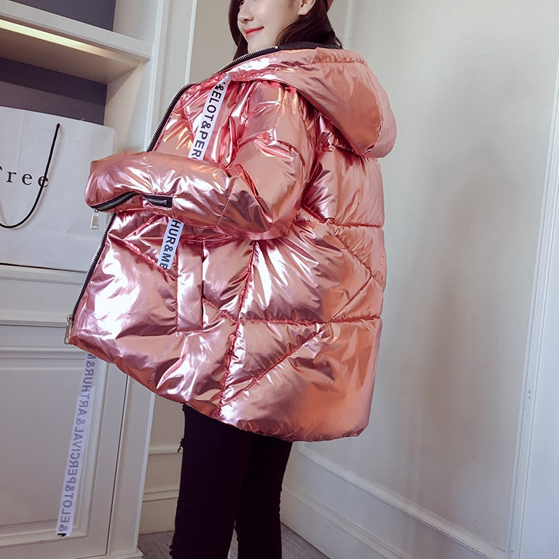 Pink Hologram Glitter Sparkling Winter Hooded Coat