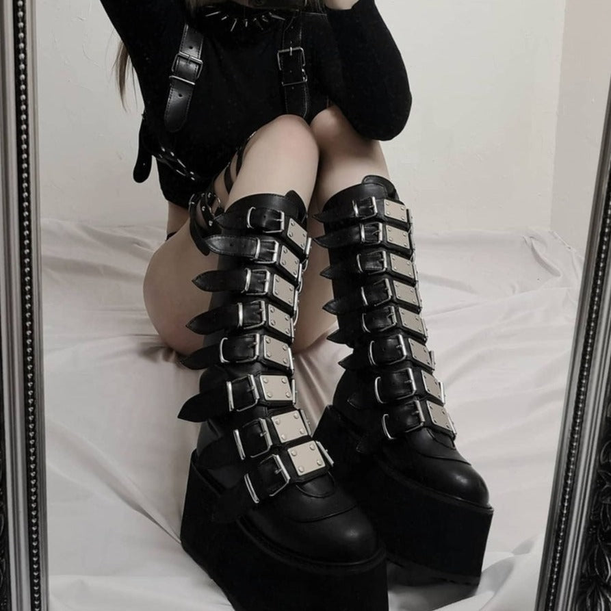 High Platform Metal Buckle Wedges Gothic Boots