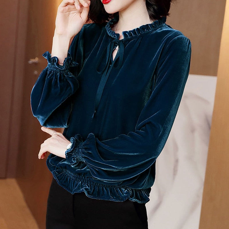 Vintage Long Sleeve Velvet Ruffled Shirt