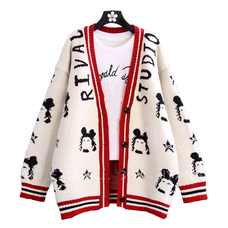 Studio Cartoon Print V Neck Cardigan Sweater