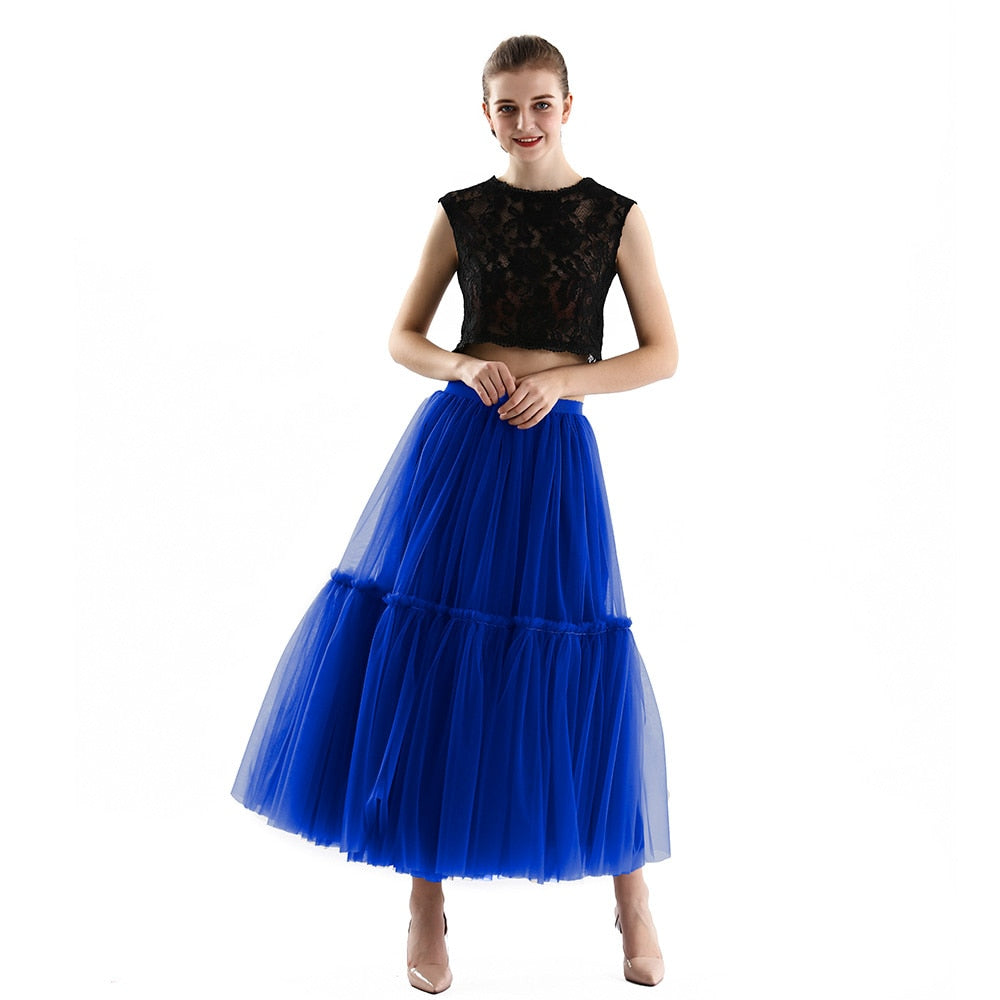 Long Tulle Black Pleated Skirt