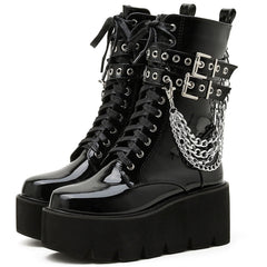 Gothic Chains Round Toe Mid-Calf Boots