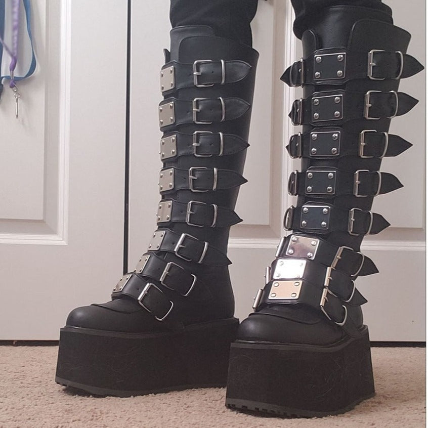 High Platform Metal Buckle Wedges Gothic Boots