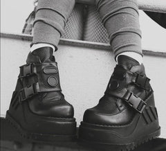 Black Buckle Wedges Motorcycle Ankle Boots