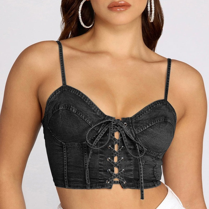 Denim Lace-Up Backless Crop Top