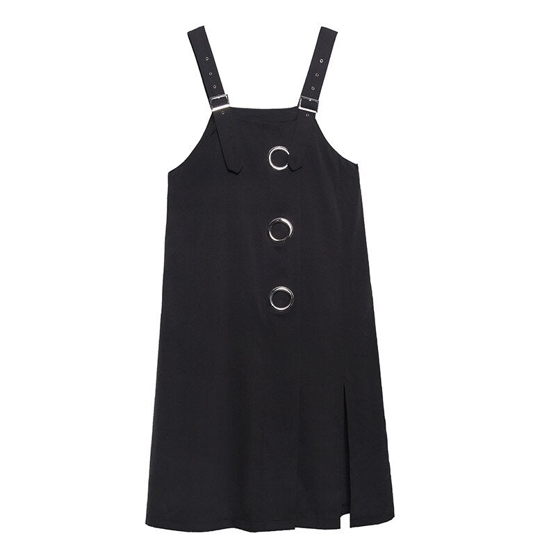 High Split Black Overalls Dress with Straps