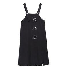 High Split Black Overalls Dress with Straps