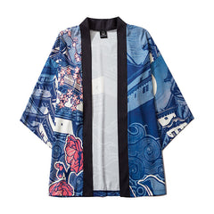 Traditional Japanese Houses Blue 3/4 Sleeve Kimono
