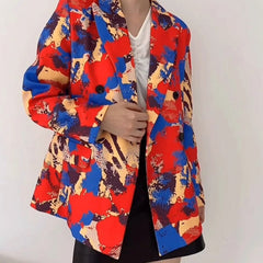 Multicolored Loose Double Breasted Blazer With Pockets