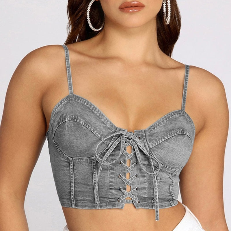 Denim Lace-Up Backless Crop Top