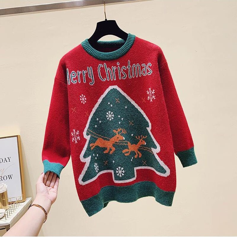 Tree and Santa Claus Loose O-neck Knit Pullover Sweater