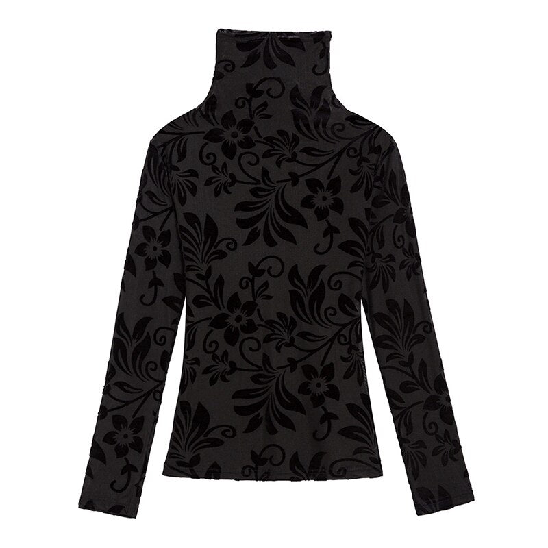 Velvet Black Leaves Long Sleeve Blouse Turtleneck