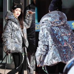 Bling Bling Sequins Glitter Sparkling Silver Hooded Jacket Coat