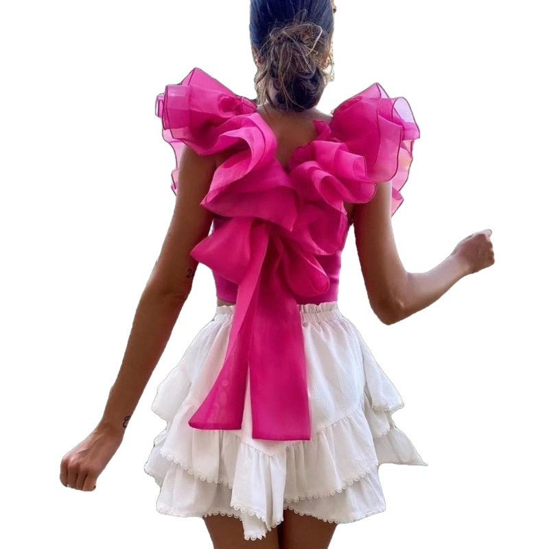 Puff Ruffle Sleeve Back Bow Blouse