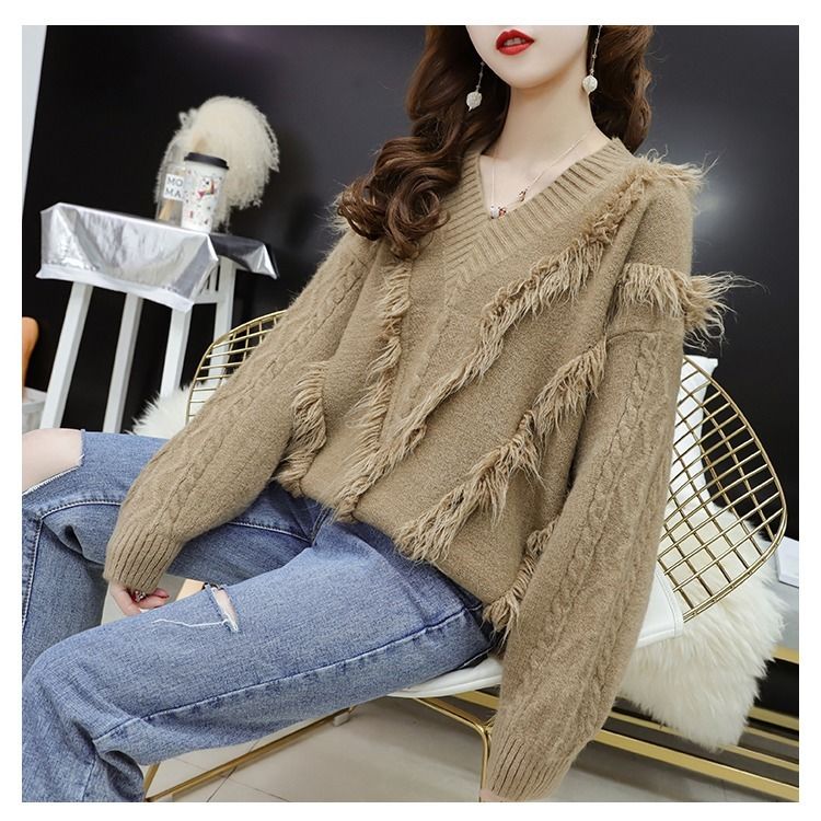 Tassel V-neck Solid Color Knitted Sweater