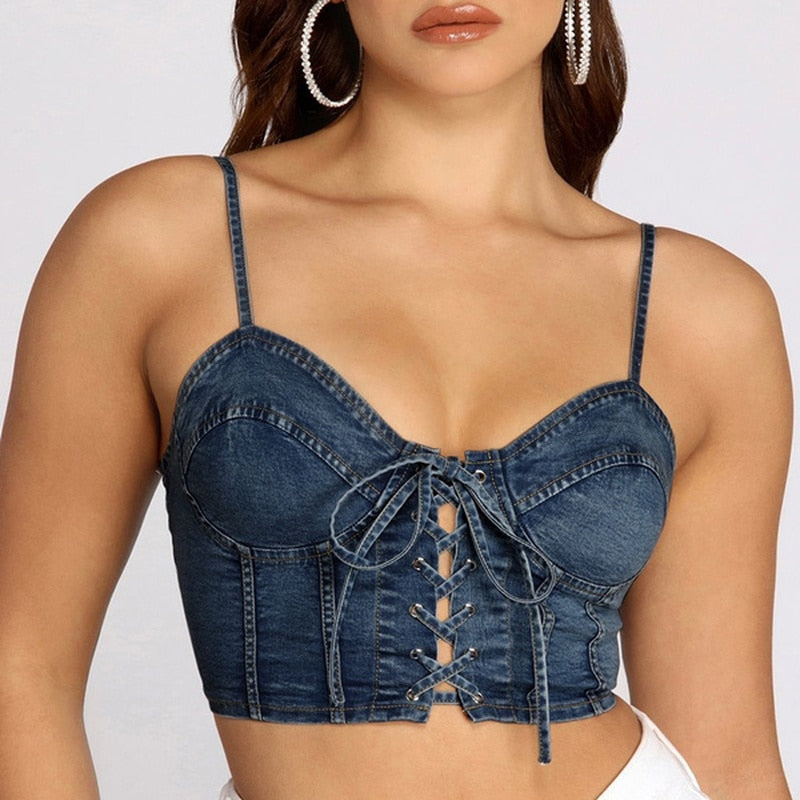 Denim Lace-Up Backless Crop Top