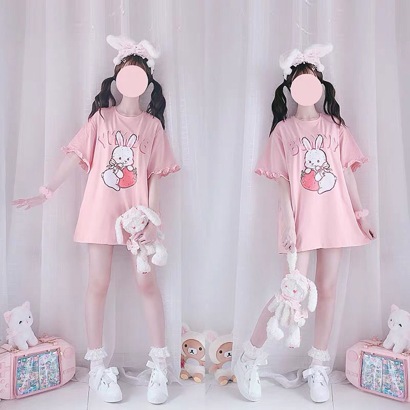 Cute Kawaii Strawberry Bunny Print Tshirt