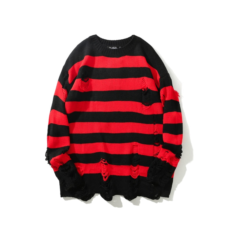 Striped Washed Destroyed Ripped Sweater