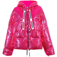 Pink Full Sequins Hologram Winter Hooded Coat