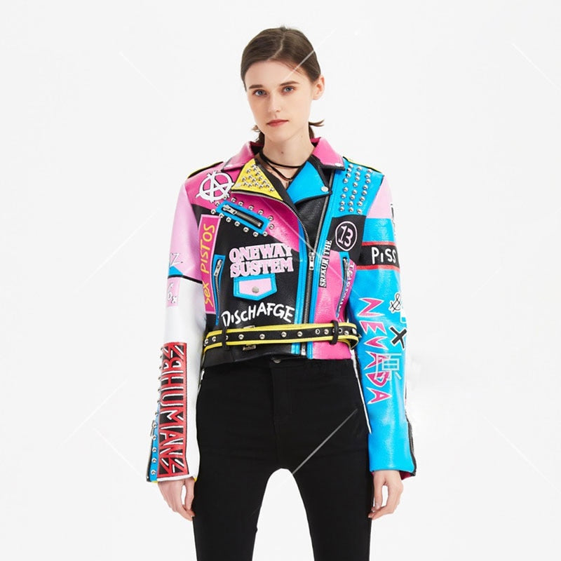 Colorful Graffiti Motorcycle PU Leather Jacket