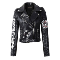 Letter Print Studded Motorcycle Jacket