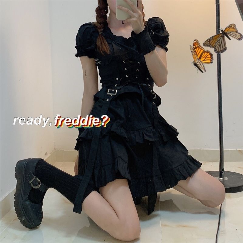 Dark Aesthetic Gothic Dress Puff Sleeve Dress