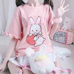 Cute Kawaii Strawberry Bunny Print Tshirt