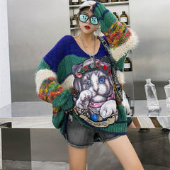 Cartoon Cat V-collar Knitted Oversize Sweater