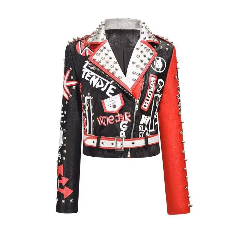 Red & Black Graffiti Motorcycle PU Leather Jacket