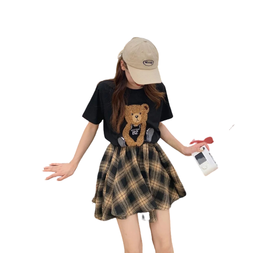 Aesthetic Plaid Skirt Short Sleeve Cartoon Bear T-shirt Set