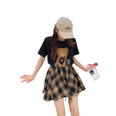 Aesthetic Plaid Skirt Short Sleeve Cartoon Bear T-shirt Set