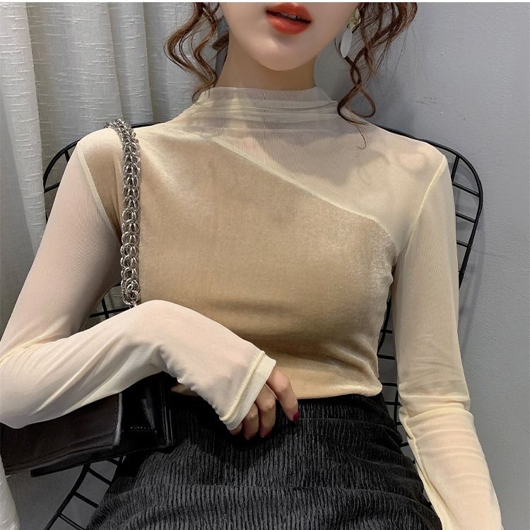 High Collar Close Fitting Velvet Blouse