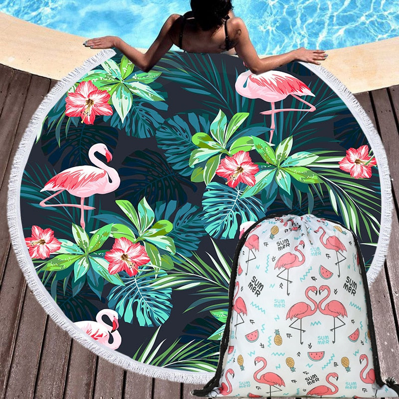 Round Beach Flamingo Towel With Drawstring