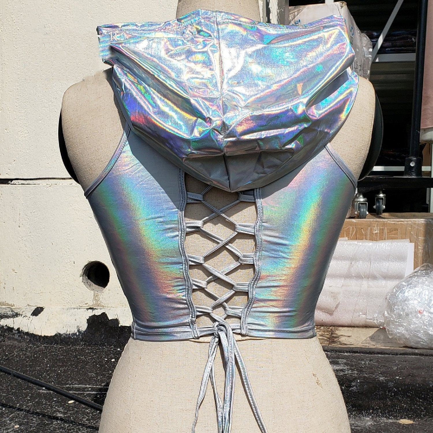 Silver Holographic Women Hoodies Top