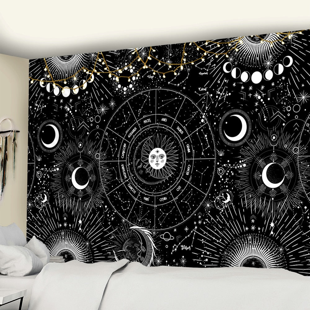 White Black Sun Moon Mandala Starry Sky Tapestry Wall