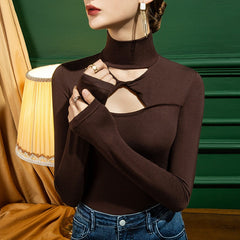 Hollow Out Turtle Neck Long Sleeve Top