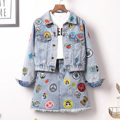 Denim Embroidered Patches Jacket And Skirt Set